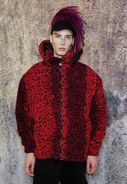 Leopard fleece hooded jacket handmade fluffy animal coat red