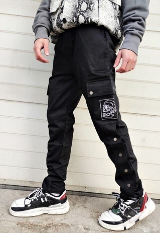 SLIM FIT DENIM FEEL SIDE CLIP JOGGERS SKELETON PATCH PANTS