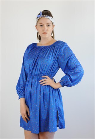 WOMENS VINTAGE 80S DRESS BLUE PATTERNED FLOATY LONG SLEEVED