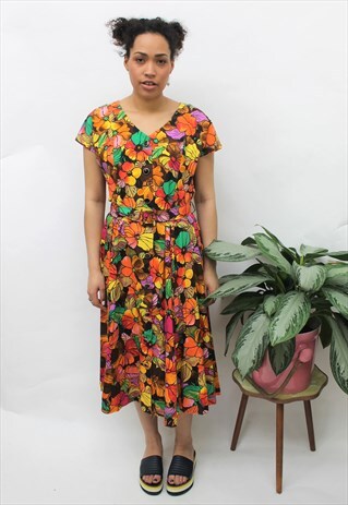 VINTAGE 1980S TROPICAL BUTTON DOWN MIDI DRESS