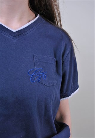 BLUE POCKET TEE, WOMEN VINTAGE T-SHIRT, 90S EMBROIDERY