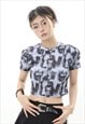 ABSTRACT CROP TOP TIE-DYE PRINT T-SHIRT GRUNGE TOP IN GREY