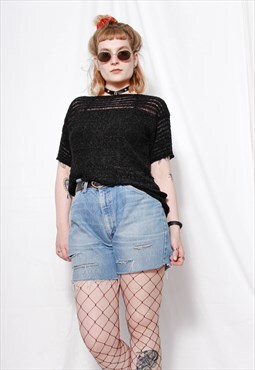 90s y2k grunge goth sheer crochet stripe black t-shirt top