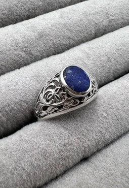 Vintage Silver Ring boho Lapis Lazuli gemstone Blue