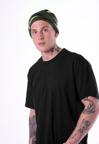 ESSENTIAL CAMOUFLAGE PATTERNED CUFF BEANIE HAT - GREEN KHAKI