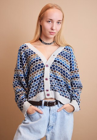 80'S RETRO MOD ABSTRACT PRINT KNITTED CARDIGAN TOP