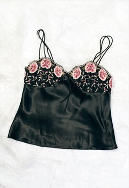 Vintage Y2K Slip Top in Black Whimsical Satin