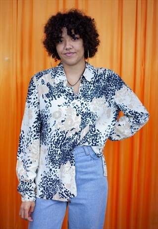 VINTAGE 80S BLOUSE CREAM BLACK ANIMAL LEOPARD FLORAL PRINT