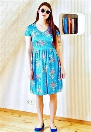Bright blue short sleeve floral vintage dress