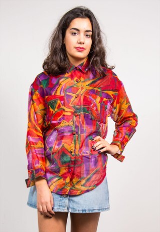 90'S VINTAGE MULTICOLOUR CRAZY PATTERN SHEER BLOUSE SHIRT