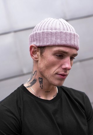 TURN UP TRAWLER PLUSH RIBBED BEANIE HAT - SOFT MINT PINK