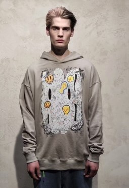 Emoji graffiti hoodie paint scribble smile pullover in grey