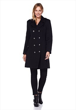 Black Double Breasted Twill Military Coat