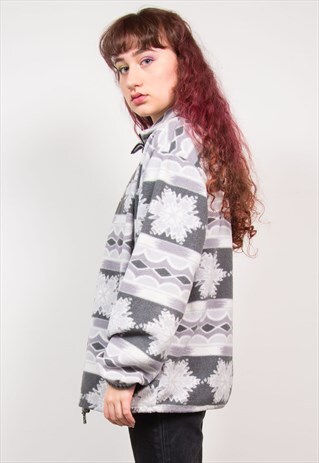 VINTAGE 90'S GREY SNOWFLAKE PRINT QUARTER ZIP FLEECE