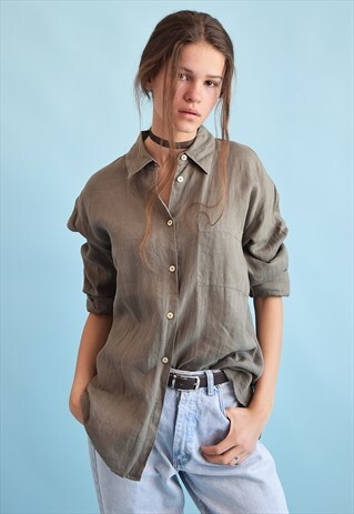 90'S RETRO LINEN KHAKI MINIMALIST OVERSIZED SHIRT TOP