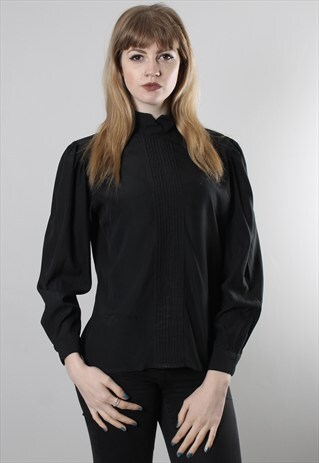 VINTAGE 80S BLACK HIGH NECK PLEAT BLOUSE TOP