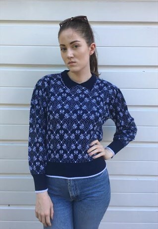 WOMENS VINTAGE 80S JUMPER BLUE BOW PATTERNED COLLARED TOP