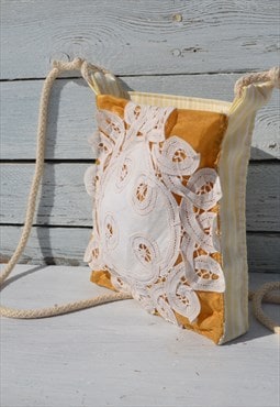 Handmade ocher/beige/white/yellow crochet applique bag
