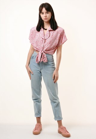 80S VINTAGE FLORAL CROPPED SHIRT BLOUSE CROP TOP 883