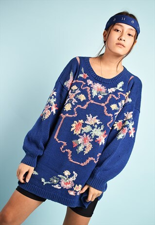 VINTAGE 80'S RETRO FLORAL PATTERN OVERSIZED KNITTED JUMPER