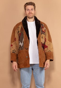 Vintage 80's Men Knit Detail Sheepskin Coat in Brown