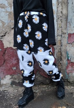 Daisy fleece joggers handmade retro floral overalls in black