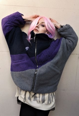 DROP SHOULDER LOOSE THREE COLORS FLEECE ZIP UP JACKET TOP