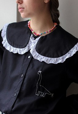 Hand embroidered black blouse with lace oversized collar