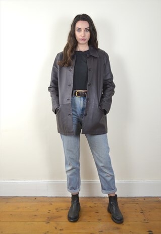 80S VINTAGE DARK BROWN LEATHER BUTTON UP JACKET