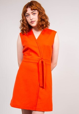 60'S VINTAGE BRIGHT ORANGE WRAP STYLE V-NECK MINI DRESS