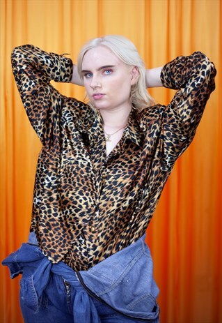 VINTAGE 90S SHIRT GOLD BLACK LONG LEOPARD ANIMAL PRINT