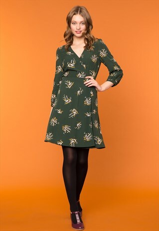 GREEN LONG SLEEVE FLOWER PRINT WRAP DRESS