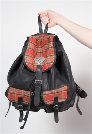90'S BLACK LEATHER & TARTAN RUCKSACK
