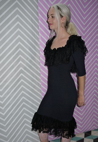 PARTY DRESS, VINTAGE 80S, BLACK HUNZA WITH LACE FRILLS