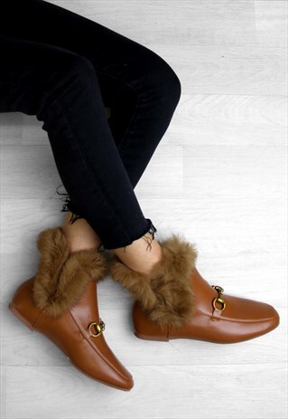 BONNIE TAN FAUX FUR BUCKLE ANKLE BOOTS