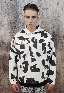 Cow print denim jacket animal spot jean coat in white