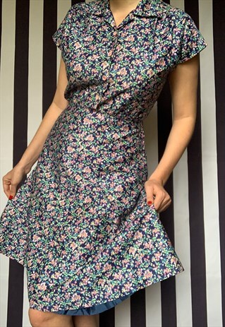 VINTAGE 80S MIDI FLORAL SHIRT DRESS, PRAIRIE, UK10 MEDIUM