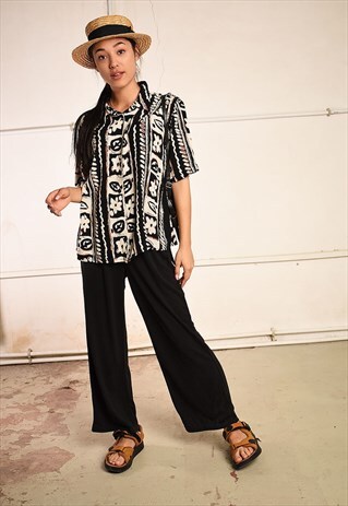 90'S RETRO ABSTRACT PRINT PARIS CHIC FESTIVAL BLOUSE TOP