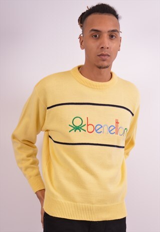 BENETTON MENS VINTAGE JUMPER SWEATER MEDIUM YELLOW 90S