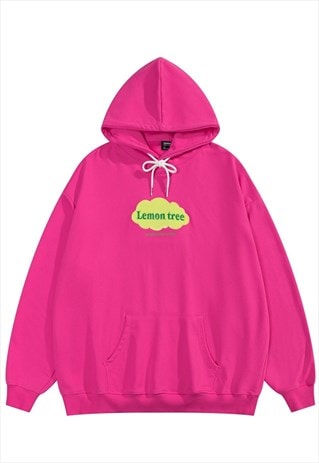 PATCHWORK HOODIE GRUNGE PULLOVER LEMON SLOGAN TOP IN PINK