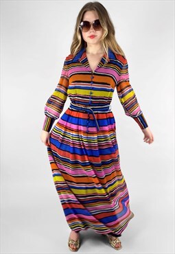 70's Long Sleeve Sheer Multi Coloured Stripe Maxi Dress