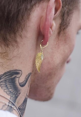 ICED HOOP HANGING FEATHER WING EARRING - GOLD
