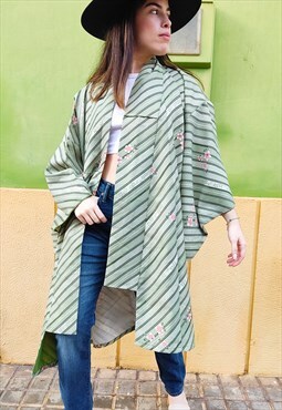 Green & Pink Stripe Full Length Kimono Duster Jacket