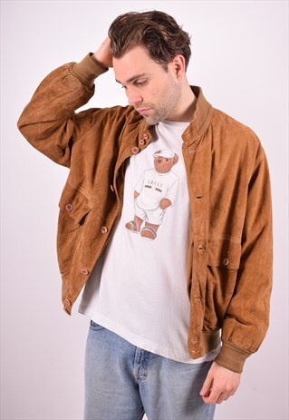 MENS VINTAGE SUEDE BOMBER JACKET LARGE BROWN 90'S