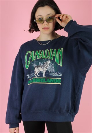 VINTAGE 90S SWEATSHIRT JUMPER IN BLUE WITH CANADIAN PRINT