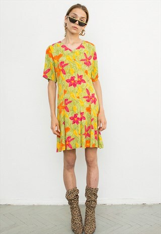 VINTAGE DRESS MINI GREEN YELLOW RED FLORAL PATTERN TROPICAL