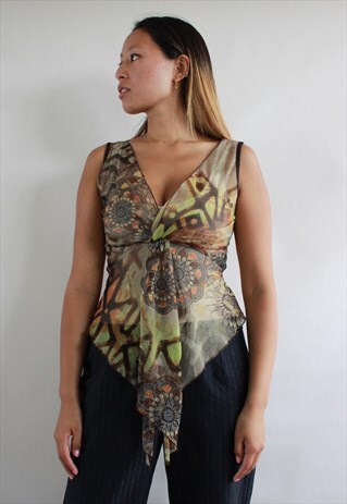 Y2K KHAKI GREEN BROWN MULTI PRINT MESH TOP