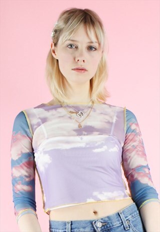 VINTAGE INSPIRED MESH TOP 90S Y2K PURPLE BLUE CLOUD PRINT