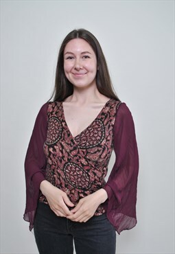 France paisley blouse, y2k pullover v-neck top - MEDIUM