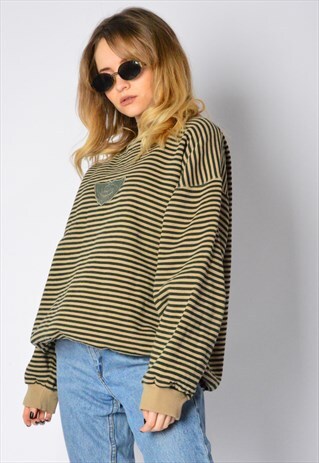 VINTAGE 90S BEIGE BLACK STRIPED GRUNGE SWEATSHIRT